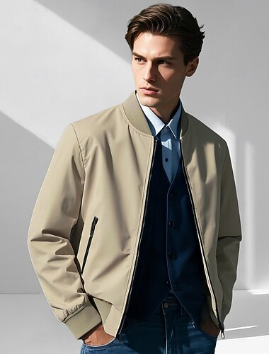  Per uomo Giacca Leggera Allenamento All'aperto Antivento Con zip Tasca Primavera Autunno Tinta unica Elegante Vacanza Colletto Mao Nero Rosso scuro Blu marino Cachi Giacca