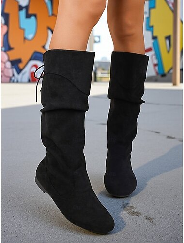  Bottes hautes en similicuir noir pour femme avec laçage réglable – des chaussures élégantes et confortables pour les sorties quotidiennes et décontractées