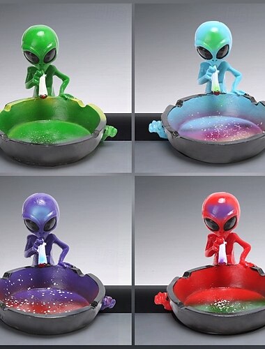  földönkívüli hamutartó szobor, kreatív és gyanta figura otthoni, kerti terasz dekorációhoz, vicces kültéri földönkívüli szobor hamutartó dohányosoknak, halloweeni ufo témájú dekoráció