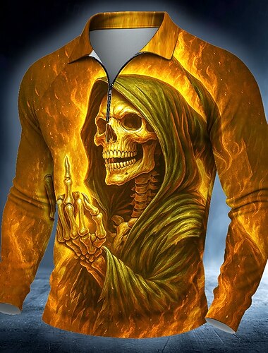  Halloween Homme Crânes Polo manche longue Polos Occasionnel Sombre Extérieur Rue Tenue quotidienne Impression 3D Polo à fermeture éclair 1/4 Printemps Automne Hiver Rouge Orange Vert