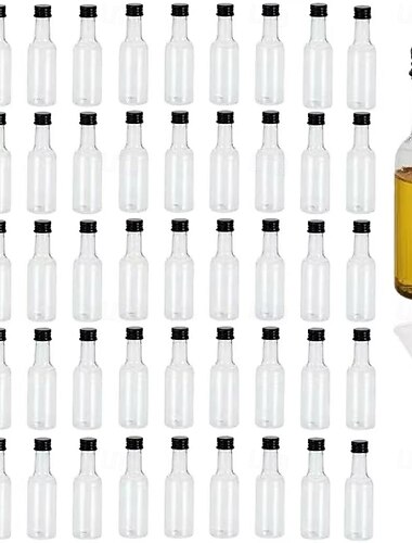  50 db-os mini italosüveg tölcsérrel és fedéllel, 50 ml/1,7 uncia átlátszó műanyag palackok alkoholhoz, parti ajándékok esküvőre, születésnapra, sörfesztiválra, bár rendezvényekre