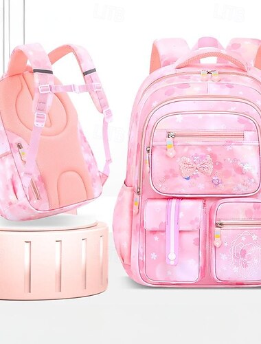  Mochila escolar rosa para meninas – linda mochila à prova d'água com design de laço e glitter, mochila leve de volta às aulas para crianças do ensino fundamental