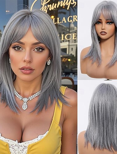  Peluca rubia corta con flequillo, estilo bob ombré, de 14 pulgadas, recta, con flequillo, para mujer, de aspecto natural, sintética, resistente al calor, para uso diario.