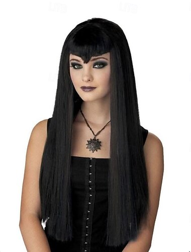  "Vampir" glatte schwarze Halloween-Perücke – langes, glattes Kunsthaar für Vampirkostüm, Cosplay &Fotoshootings