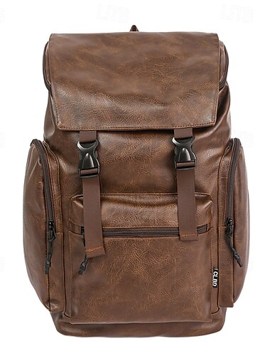  Men’s Vintage Faux Leather Backpack – Large Brown Travel Laptop Bag with Side Pockets for Work, School & Daily Commute