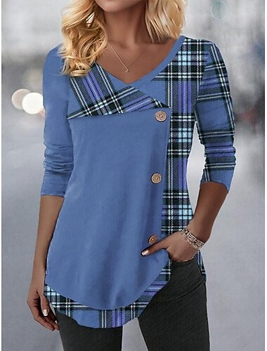  Women's Blouse Plaid Stylish Casual Long Sleeve V Neck Regular Tops Daily Buttons Print Pink Blue Purple Green Spring Fall
