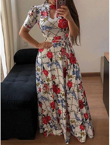  Women's White Pink Red Summer Maxi Dress A Line Dress Semi Formal Outdoor Vacation Regular Fit Floral Turtleneck