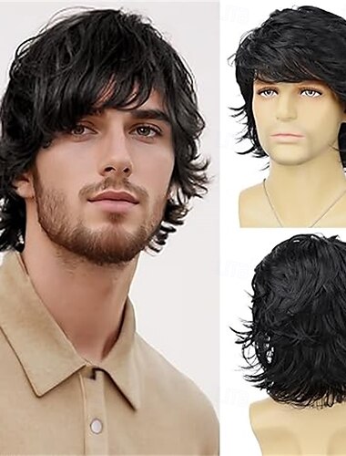  Hellbraune Herrenperücke, kurz, geschichtet, natürlich gewellt, synthetische, hitzebeständige Haarperücken für Männer, Alltagsparty, Kostüm, Halloween, Cosplay