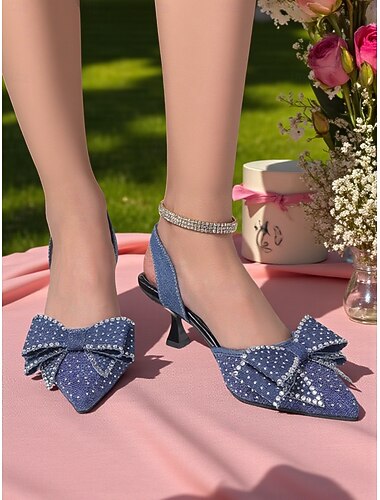  Escarpins à bride arrière et nœud en strass pour femmes - Chaussures de soirée à bout pointu et scintillantes pour la vie nocturne, les clubs et les cocktails