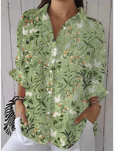  Women's Shirt Floral Graphic Abstract Vintage Tropical Daily Long Sleeve Shirt Collar Regular Tops Work Daily Holiday Buttons Print White Blue Green Khaki Light Blue Summer Spring