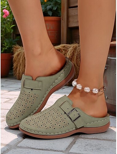  mules femininos perfurados verdes, calçados casuais confortáveis com fivela, ideais para uso diário, jardim e viagens