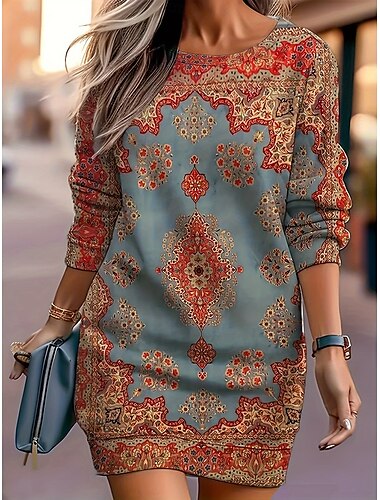  Dame Mini kjole Boho-kjole Print kjole Mote Moderne Daglig Ferie Stevnemøte Normal Blomstret Langermet Crew-hals Rød Vår Høst