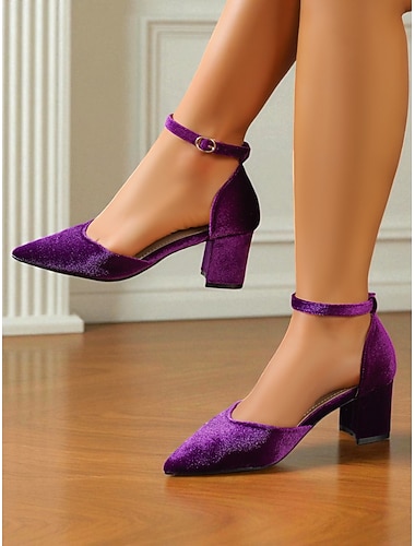  Damen-Pumps im Retro-Stil aus lila Samt mit Blockabsatz – Mary-Jane-Schuhe mit spitzer Zehenpartie und Knöchelriemen für Partys, Abende und Vintage-inspirierte Outfits