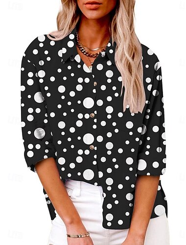  Dames Overhemd Stip Actief Dagelijks Stijlvol Lange mouw Overhemdkraag Normale tops Dagelijks Feestdagen Knop Afdrukken Zwart Zomer Lente Herfst
