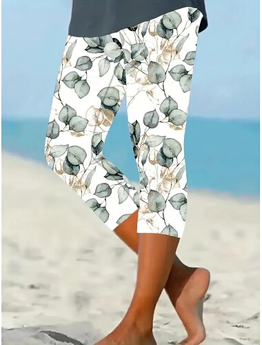  Damen Leggings Urlaub Vintage Ethno-Stil Capris Hohe Taille Blumen Grafik Schnelltrocknend Atmungsaktivität Leicht Dehnbar Outdoor Urlaub Lässig Grün Sommer Frühling Schmaler Schnitt