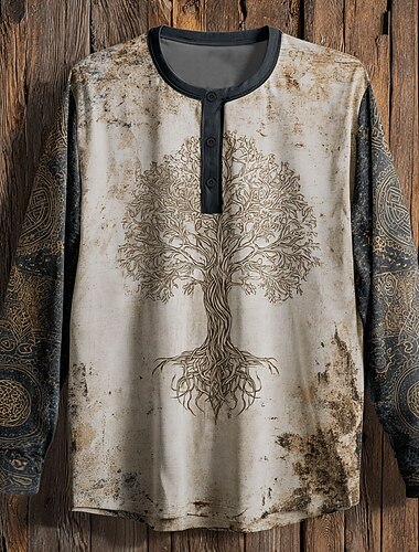  Homme Graphique Arbre Chemise Henley T-shirt manche longue ancien Mode Mignon Occasionnel Fête Sortir Automne Printemps & Automne Kaki Henley T-shirt Henley