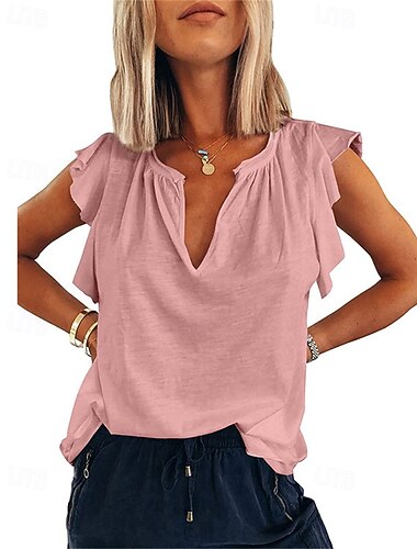  Dame Tekstureret bluse T-shirt Vanlig Mode Moderne Kortærmet V-hals Almindelige toppe Daglig Drapering Hvid Lyserød Grøn Sommer