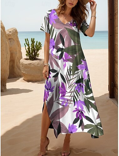  Dames Halflange jurk Gebreide jurk Casual jurk Zonnejurk A lijn jurk Elegant Vakantie Casual Strand Normale pasvorm Bloemig Grafisch Blad Korte mouw V-hals Geel Blozend Roze blauw Paars Zomer Lente