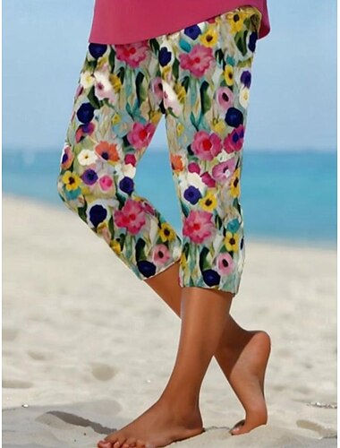 Női leggingsz Capri nadrág Magas elasztikus Nyaralás Divat Hawaii Bokáig érő Közepes derék Virágos nyomtatás Hőszigetelő Meleg Légies Puha Nyaralás Hétköznapi Szivárvány Nyár Tavasz Normál Fit