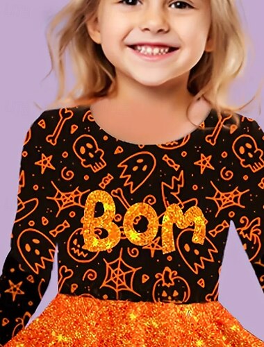  Halloween Pigers 3D Spøgelse Kjole Langærmet Sommer Forår Ferierejse Daglig Ferie Prinsesse Smuk Sød Børn 4-12 år Hverdagskjole A Linje Kjole Knælang Regulær