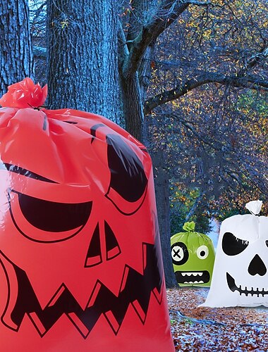  Sacchetti di foglie di zucca di Halloween - confezione da 2, plastica, espressioni divertenti, decorazioni per prato, articoli per feste