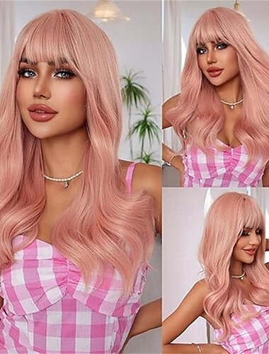  rosa Perücke mit Pony, Ombre-Perücken für Frauen, lange, gewellte Perücken, süße, helle rosa Perücke für Cosplay-Partys, hitzebeständig, dunkle Haarwurzeln, natürlich aussehend