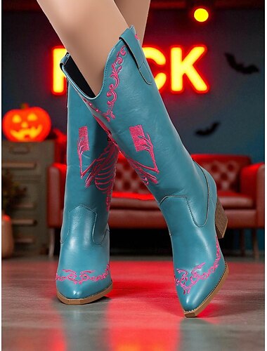  Blå western cowboystøvler til dame med rosa skjelettbroderi - gotiske Halloween-kostymestøvler med mellomhøye legg og kraftig hæl for cosplay, konserter og rockefestivaler