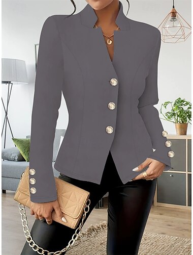  Mulheres Blazer Confortável Respirável Botões Moda Moderno Tecido Trabalho Diário Padrão Colarinho Chinês Normal Manga Longa agasalhos Preto Branco Vermelho Primavera Outono