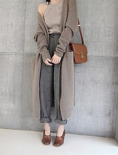  Per donna Felpa Cardigan Moda Streetwear Quotidiano Tinta unica A Coste Aperto davanti Lavorato a maglia Manica Lunga Top lunghi Maglia Ferie Uscire Weekend Nero Cammello Autunno Inverno