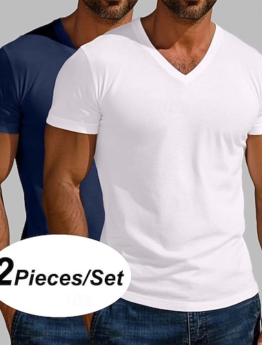  2er-Pack Herren-T-Shirts aus Baumwollmischgewebe, Kurzarm, V-Ausschnitt, Sommer, Ganzjahres-Design, einfarbig, schlicht, Designer-Basic, modern, zeitgenössisch, Multipack, Urlaub, Streetwear, Casual, Dunkelblau, Weiß, Blau