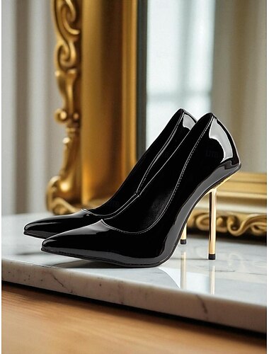  Scarpe con tacco a spillo nere da donna con tacco in metallo dorato - décolleté sexy a punta per feste notturne ed eventi in discoteca