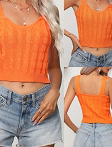  Per donna Maglione Casual Tinta unica Spesso Spallina Lavorato a maglia Senza Maniche Top corti Maglia Quotidiano Ferie Uscire Arancione Estate