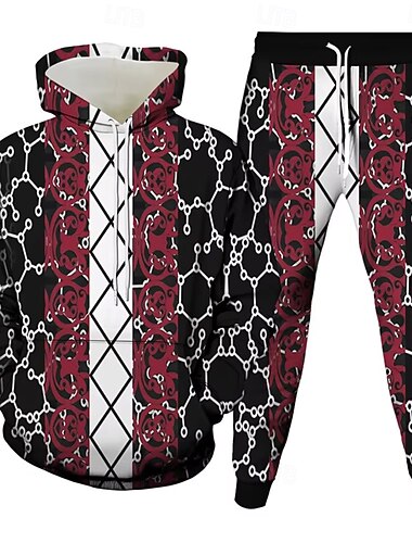  Herre Grafisk Fargeblokk Stripet 2stk 3D-genseresett Joggedress Hettegenser Langermet Lange bukser Med hette Fritid hverdag Moderne treningsklær 3D-utskrift Vår Høst Vinter Grå Blå Rød