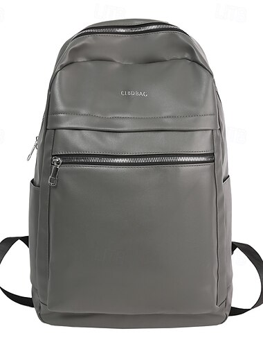  Men’s Grey Faux Leather Backpack – Minimalist Laptop Bag with Front Zipper Pocket for School, Work & Daily Commute
