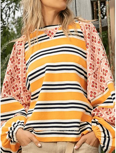  Damskie Bluza z kapturem Geometryczny Prążki Codzienny Długi rękaw Półgolf Zwykłe topy Ulica Na co dzień Nadruk Czarny Jasnozielony Czerwony Pomarańczowy Jesień Zima