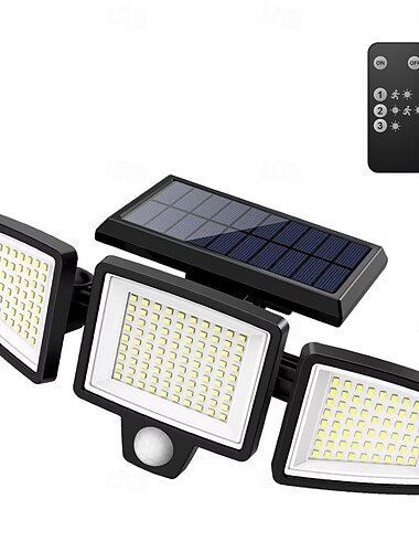  Luces solares para exteriores de 2500 lm, 210 luces LED de seguridad con control remoto, luces con sensor de movimiento de 3 cabezales, IP65, impermeables, luces de pared de inundación de ángulo
