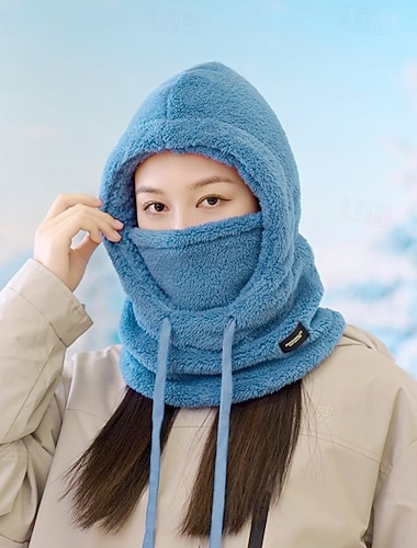  1 gorro de felpa de invierno para mujer, funda elástica para la cara con cierre de cordón, protección ligera y cálida para ciclismo, esquí y deportes al aire libre, poliéster suave, color sólido,