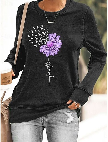  Mulheres camisolas Floral Gráfico Letra Casual Manga Longa Gola Redonda Decote Redondo Tops regulares Rua Dia a Dia Casual Imprimir Preto Azul Roxo Cinzento Outono Inverno