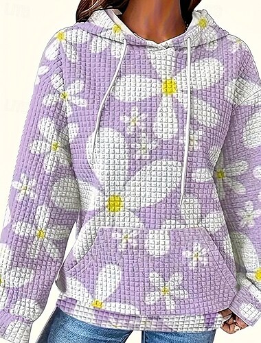  Damskie Bluza z kapturem i bluzą Kwiaty Moda miejska Codzienny Wygodny Długi rękaw Kaptur Zwykłe topy Ulica Święto Wyjściowe Kieszeń Nadruk Biały Niebieski Fioletowy Jesień