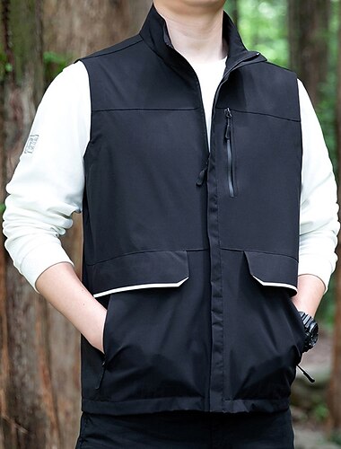  男性用 ベスト ジレ アウトドア 日常 ファッション カジュアル 春 秋 ポケット ポリエステル 快適 平織り ジッパ－ スタンド レギュラー ブラック ルビーレッド ブルー カーキ色 ベスト