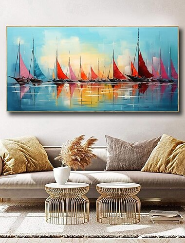  Dipinto a olio fatto a mano su tela, decorazione da parete, moderno, astratto, barca a vela, paesaggio, per soggiorno, arredamento per la casa, dipinto appeso su telaio teso/dipinto arrotolato senza