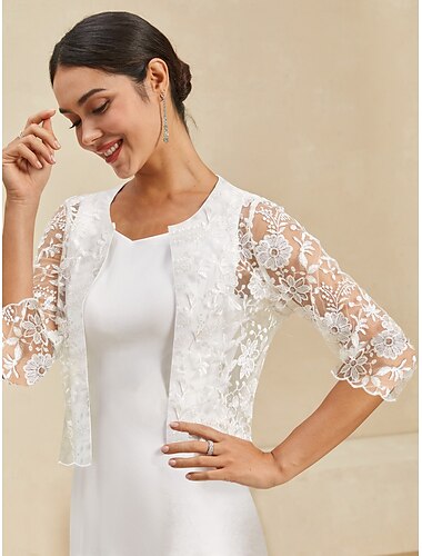  Bolero feminino de renda bordada elegante floral formal regular gola redonda folgada manga 3/4 agasalho branco verão primavera outono inverno