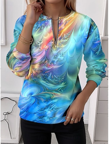  Damen Sweatshirts mit Reißverschluss Grafik Abstrakt Lässig Langarm Rundhalsausschnitt Normale Oberteile Straße Alltagskleidung Lässig Halber Reißverschluss Druck Blau Purpur Orange Grün Herbst Winter