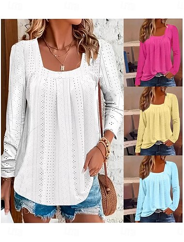  Women's Shirt Lace Shirt Solid Color Graphic Plain Elegant Vintage Stylish Long Sleeve Square Neck Regular Tops Daily Going out Vacation Wear Print White Yellow Rose Pink Light Blue Spring Fall