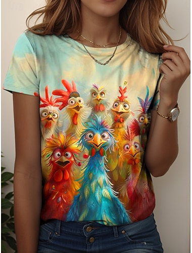  Mulheres Camiseta Imprimir Gráfico Animal Galo Vintage à moda Casual Manga Curta Gola Redonda Tops regulares Diário Final de semana Azul Amarelo Azul empoeirado Verão Primavera