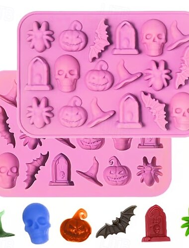  ハロウィンの頭蓋骨のクモのチョコレートシリコン型2個パック、ケーキのデコレーション、キャンディ、ゼリー、ベーキングデコレーション用のノンスティックDIYフォンダン型