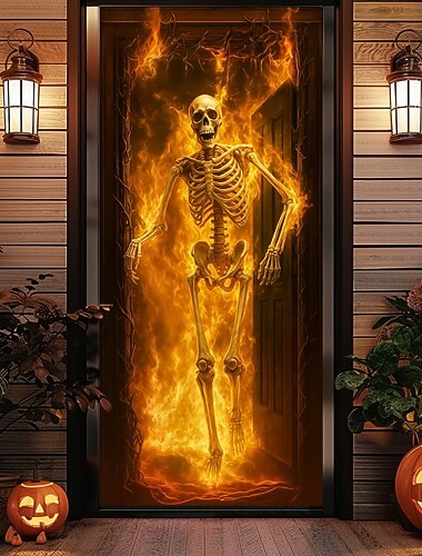  Halloween Dörrcover – Eldig Skelett i Lågor Spökhus Entré Banner Skrämmande Utomhus  Inomhus Dekoration för 2025 Halloween Sovrum Vardagsrum Badrum