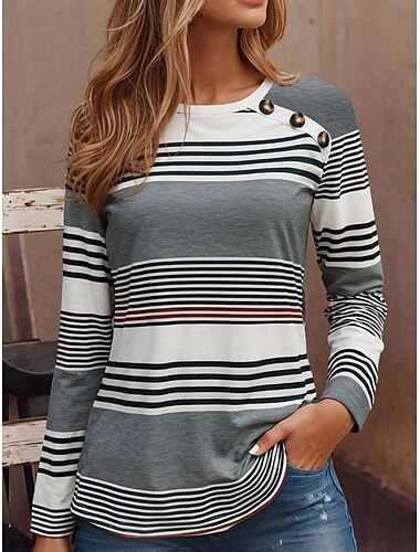  女性用 チュニック Tシャツ グラフィック 幾何学模様 ストライプ ヴィンテージ スタイリッシュ クラシック 長袖 クルーネック ラウンドネック レギュラートップス 日常 お出かけ 週末 ボタン プリント ルビーレッド ブルー グリーン グレー 春 秋 冬