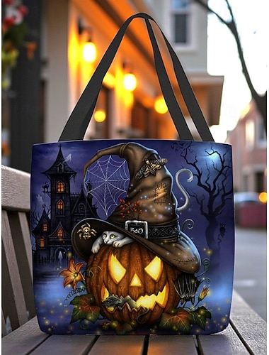  Dámská taška s potiskem halloweenské dýně a kočky od Sarah Richter – velká opakovaně použitelná polyesterová taška přes rameno s kapsou na zip na vánoční nákupy a večírky