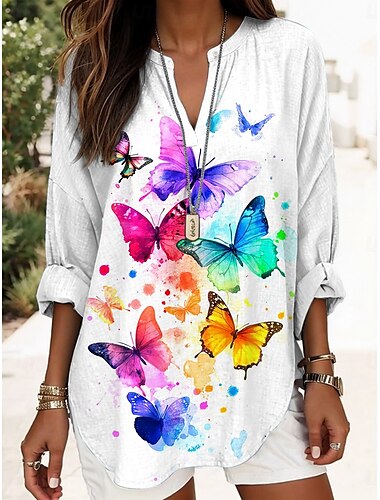  Damen Bluse Grafik Schmetterling Elegant Stilvoll Lässig Langarm V Ausschnitt Normale Oberteile Täglich Ferien Druck Rote Purpur Grün Regenbogen Sommer Frühling